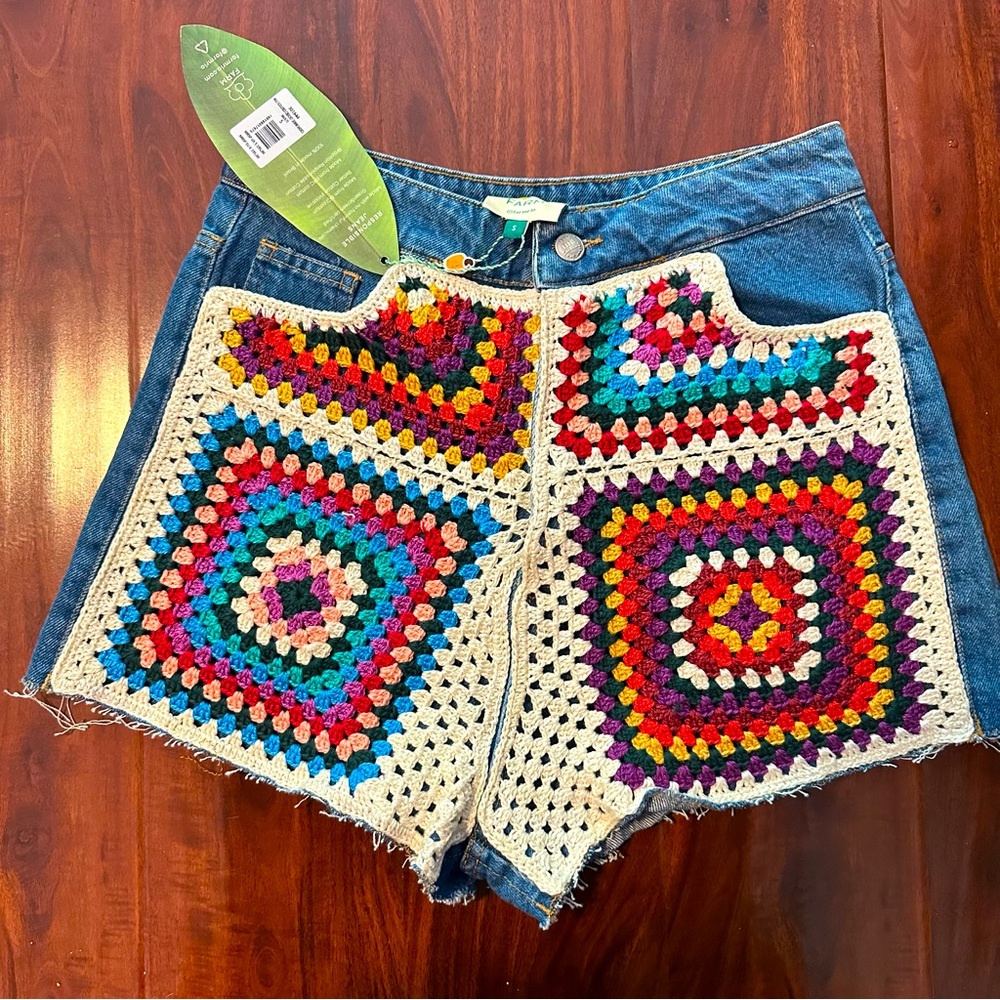 Farm Rio Multicolored Crochet Denim Shorts